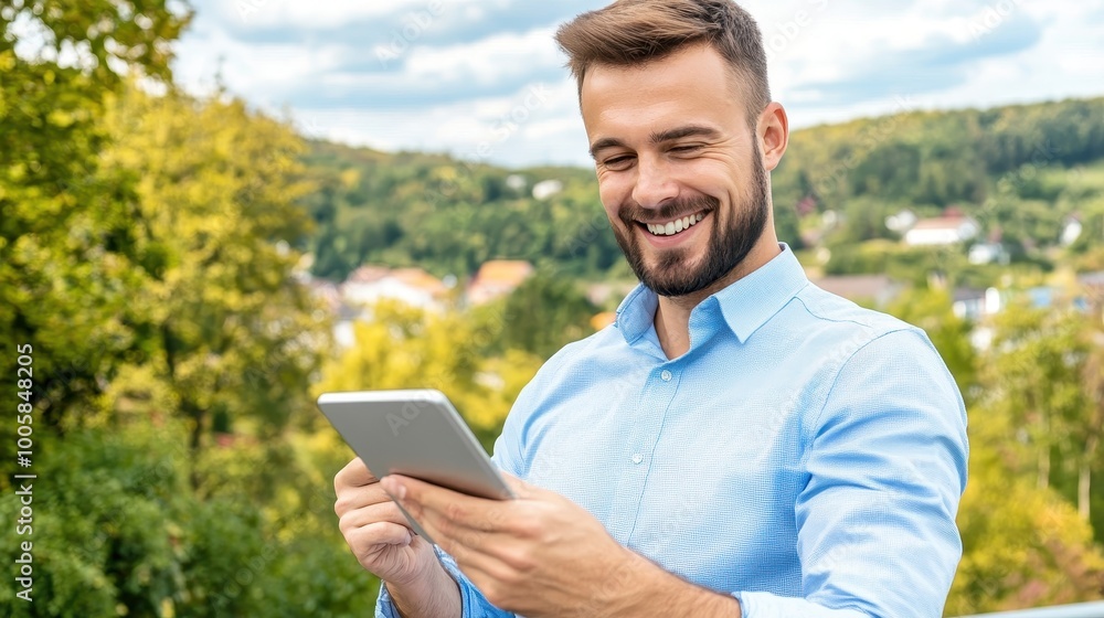 A cheerful man with a beard smiles while using a tablet outdoors, surrounded by lush greenery and hills under a partly cloudy sky. A cheerful man with a beard smiles while using a tablet outdoors, surrounded by lush greenery and hills under a partly cloudy sky.