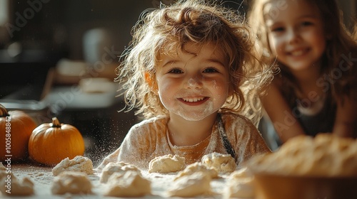 Two children joyfully baking in a kitchen, surrounded by flour and pumpkins.