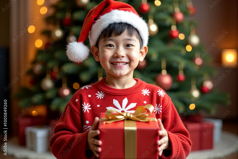 Boy with Santa hat holding a Christmas present Boy with Santa hat holding a Christmas present
