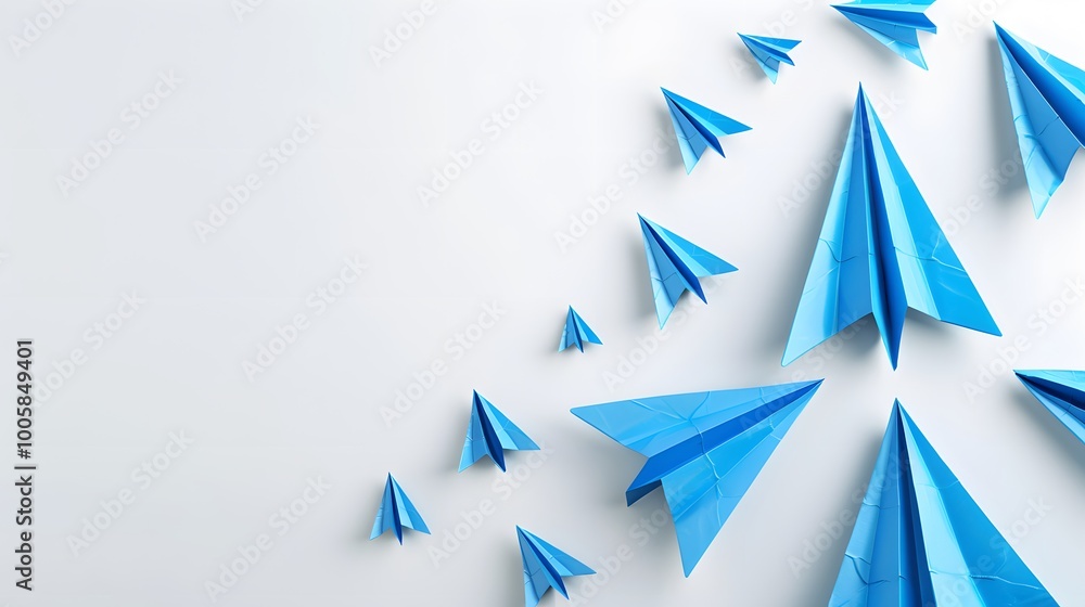 Obraz premium Creative Blue Paper Plane Symbolizing Business Strategy on a Clean White Background with Copy Space