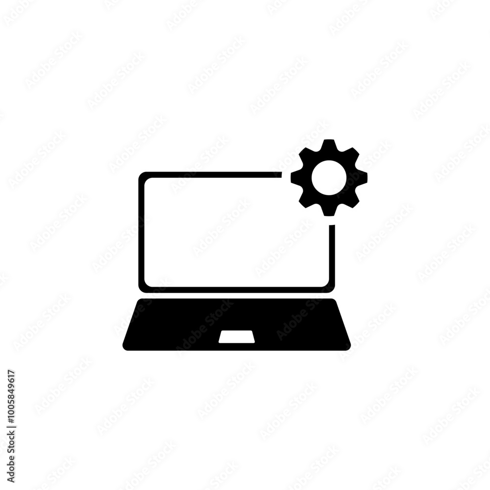 Technical support icon set. Computer service. Gears on screen laptop Technical support icon set. Computer service. Gears on screen laptop