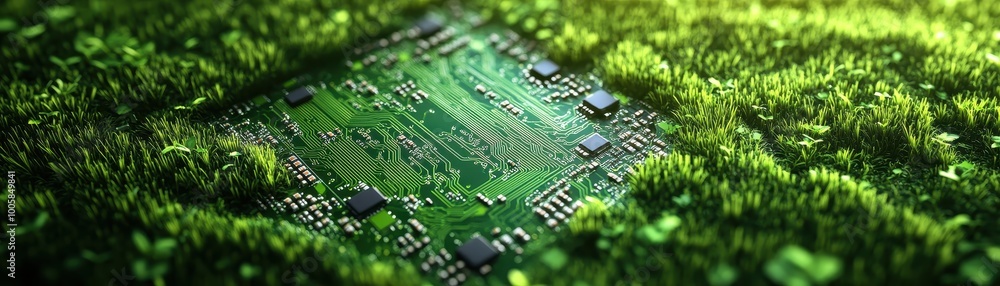Green Circuit Board Emerging from Grass Symbolizing Eco-Friendly Technology and Sustainable Innovation Green Circuit Board Emerging from Grass Symbolizing Eco-Friendly Technology and Sustainable Innovation