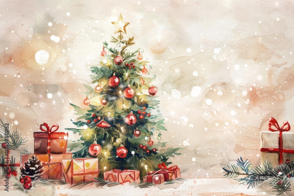 A Christmas tree with red and gold ornaments sits in front of a stack of presents. The scene is festive and joyful, with the tree and presents representing the holiday season A Christmas tree with red and gold ornaments sits in front of a stack of presents. The scene is festive and joyful, with the tree and presents representing the holiday season