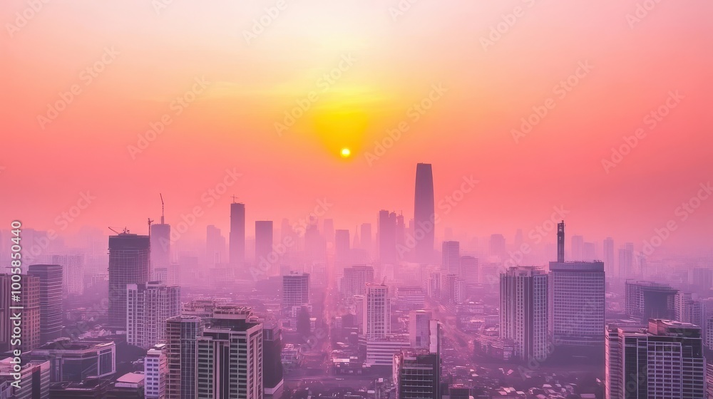 A stunning cityscape at sunset, featuring silhouettes of skyscrapers against a vibrant pink and orange sky, enveloped in a soft haze. A stunning cityscape at sunset, featuring silhouettes of skyscrapers against a vibrant pink and orange sky, enveloped in a soft haze.