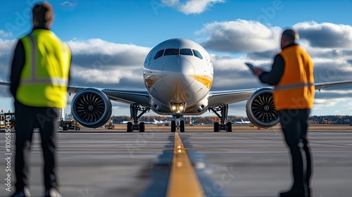 A commercial airplane prepares for takeoff with crew members in safety vests observing the runway, showcasing aviation operations. photo