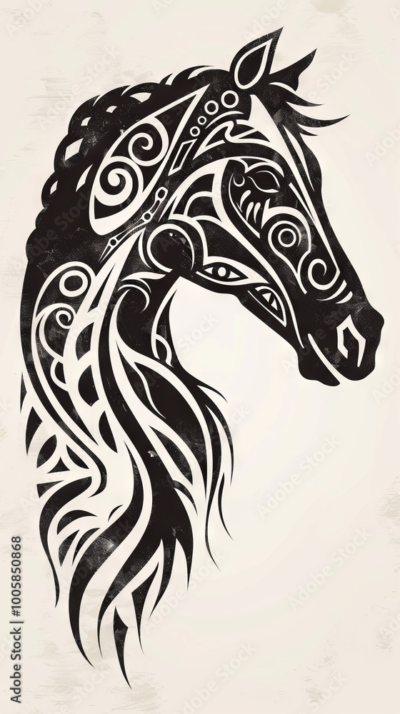 Horse head silhouette adorned with intricate tribal designs. Horse head silhouette adorned with intricate tribal designs.