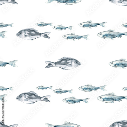 Photography Seamless pattern of swimming fish in the lane in watercolor