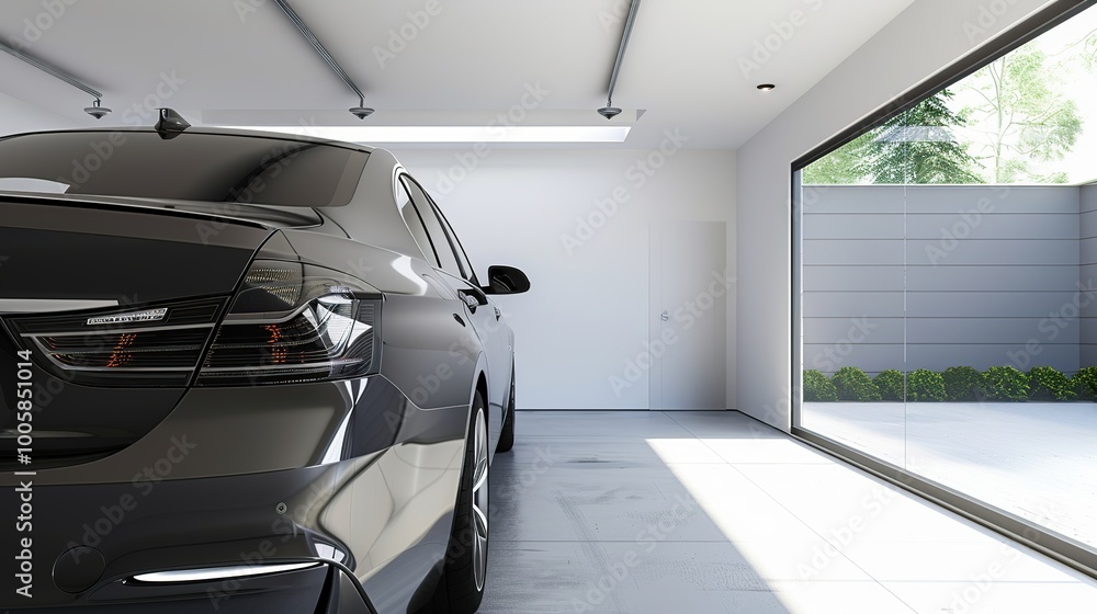 Fototapeta premium Modern car parked in spacious garage, ready for trade-in, showcasing clean and well-maintained interior.