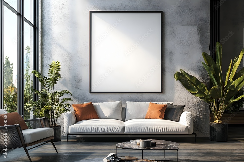 Blank Poster Wall in Luxurious Modern Living Room with Minimalist Decor and Lush Greenery Blank Poster Wall in Luxurious Modern Living Room with Minimalist Decor and Lush Greenery