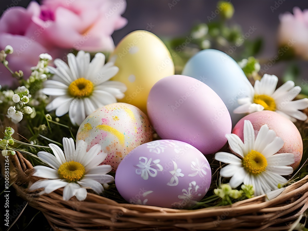 Fototapeta premium pastel-colored Easter eggs in a wicker basket, surrounded by delicate spring flower
