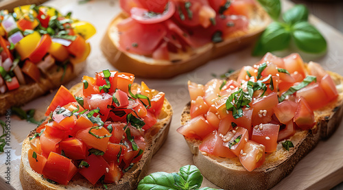 An elegant arrangement of antipasto dishes on a light-colored wooden table, featuring vibrant bruschetta with tomatoes and basil, and fresh fish tartare. photo