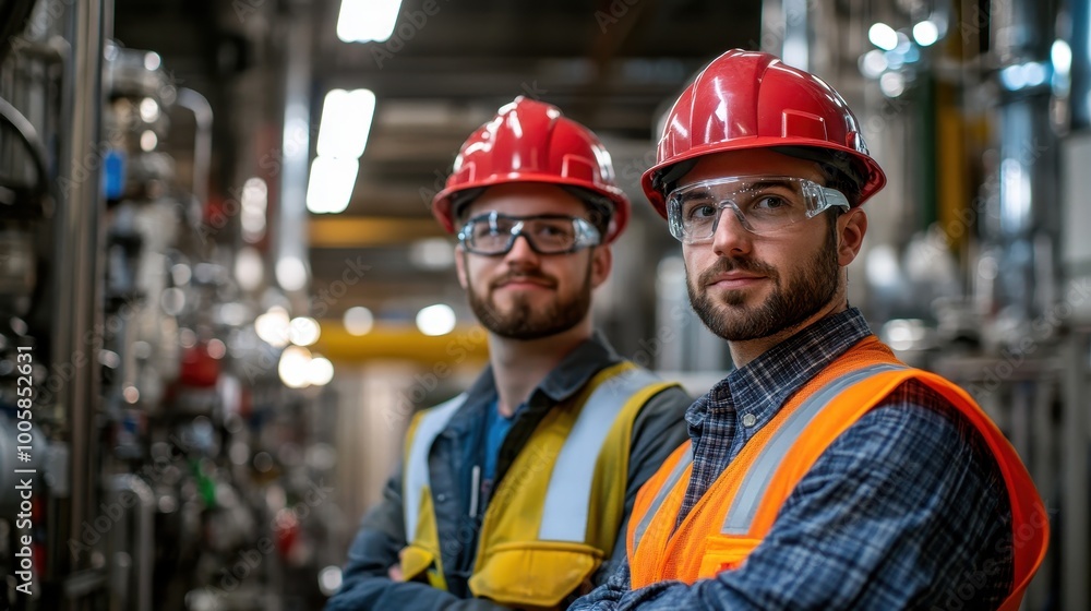 Industrial Engineers in Safety Gear Working in a Modern Factory Setting with Advanced Machinery Industrial Engineers in Safety Gear Working in a Modern Factory Setting with Advanced Machinery