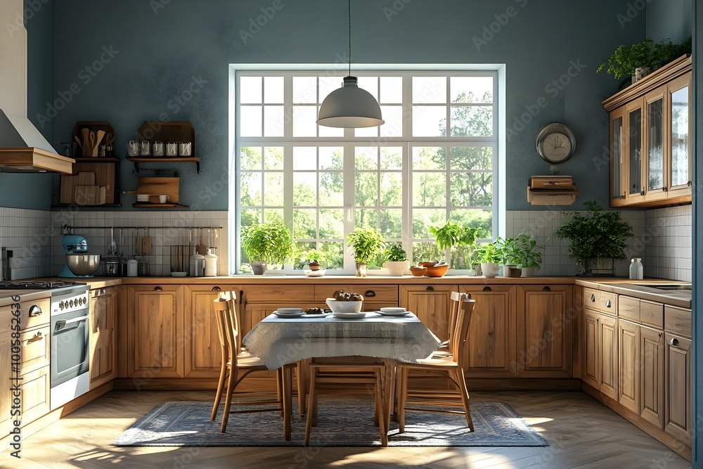 Fototapeta premium Cozy and Functional Home Kitchen Interior with Wooden Dining Table and Cabinets