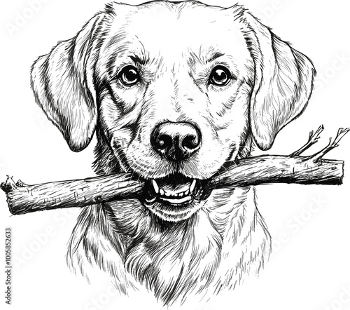 Sketch of a Labrador retriever holding a stick in its mouth, front view, on a white background