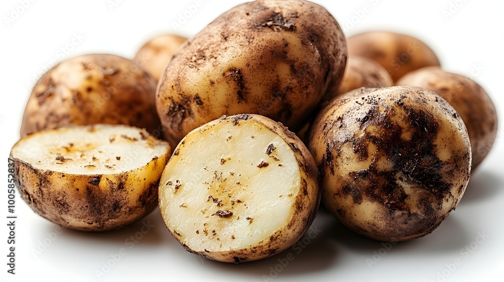 Closeup of freshly baked and seasoned russet potatoes with crispy skin and texture,arranged on a wooden table against a plain background. These hearty. Closeup of freshly baked and seasoned russet potatoes with crispy skin and texture,arranged on a wooden table against a plain background. These hearty.