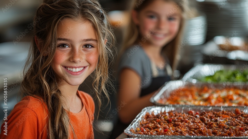 Two smiling girls in a kitchen, showcasing trays of colorful food. Two smiling girls in a kitchen, showcasing trays of colorful food.