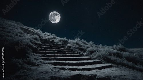 there is a cold moon in the night sky, and below there is a mountain with steps leading up