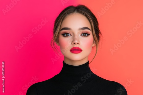 Stylish woman with short brown hair, wearing glasses, against a bold orange background.