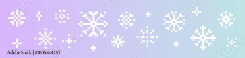 Winter gradient background. Set of y2k pixel art snowflake icons. Winter game elements. Christmas pattern. Mood of 90's aesthetics. 8-bit retro style pixel vector illustration. Simple geometric shape