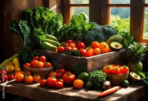 vibrant produce display featuring fresh fruits vegetables ideal plant based meal options colorful arrangement, artsy, artisan, assortment, basket, beautiful