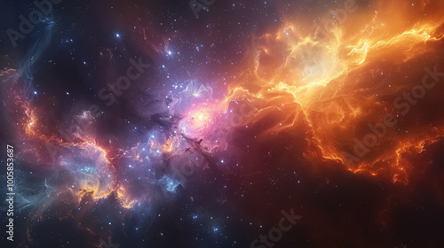 Space background with stardust and shining stars. Realistic cosmos and color nebula. Colorful galaxy