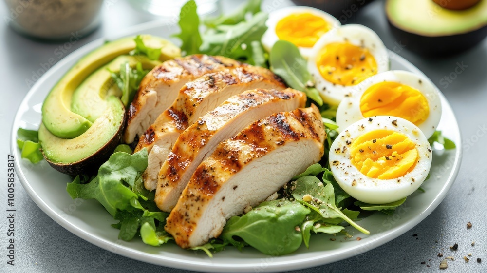 A delicious and healthy salad featuring grilled chicken, sliced avocado, boiled eggs, and fresh greens on a white plate. A delicious and healthy salad featuring grilled chicken, sliced avocado, boiled eggs, and fresh greens on a white plate.