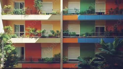 Colorful Apartment Building with Balconies and Green Plants