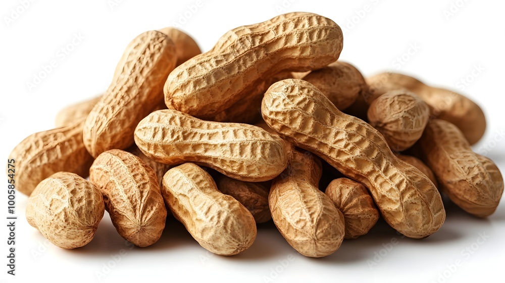 Close-up of freshly harvested peanuts in their natural shells,arranged on a clean white background. This organic,healthy snack is a rich source of protein,vitamins,and fiber. Close-up of freshly harvested peanuts in their natural shells,arranged on a clean white background. This organic,healthy snack is a rich source of protein,vitamins,and fiber.