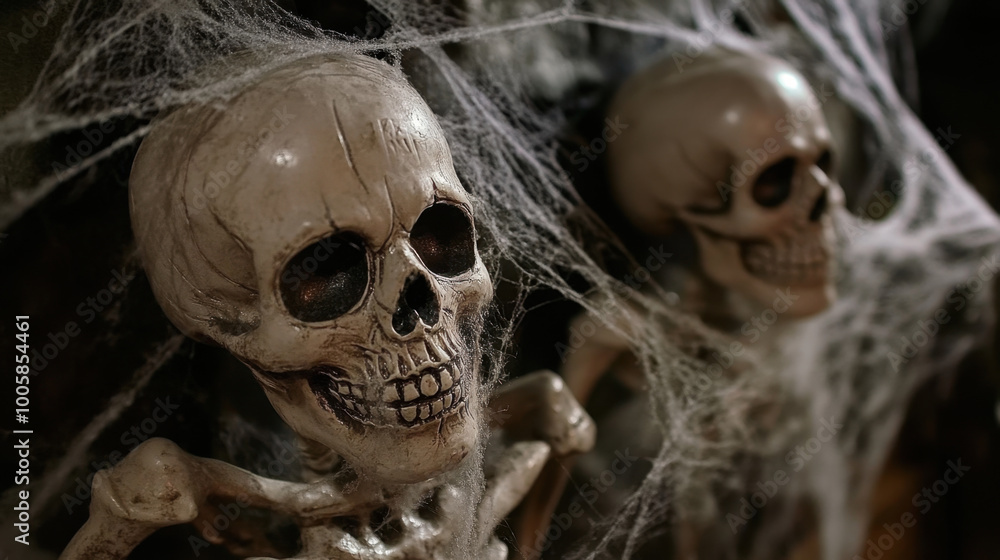 Creepy skeletons adorned with cobwebs create spooky atmosphere perfect for Halloween decorations. Their eerie expressions add to chilling ambiance of scene Creepy skeletons adorned with cobwebs create spooky atmosphere perfect for Halloween decorations. Their eerie expressions add to chilling ambiance of scene