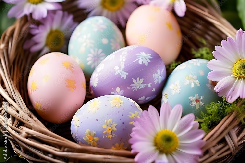 pastel-colored Easter eggs in a wicker basket, surrounded by delicate spring flower pastel-colored Easter eggs in a wicker basket, surrounded by delicate spring flower