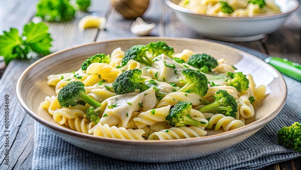 Creamy Pasta with Broccoli Florets on a Rustic Table Creamy Pasta with Broccoli Florets on a Rustic Table
