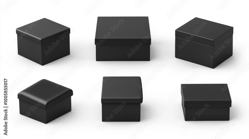 Black boxes, with and without lids, are shown in a 3D style. They look ...