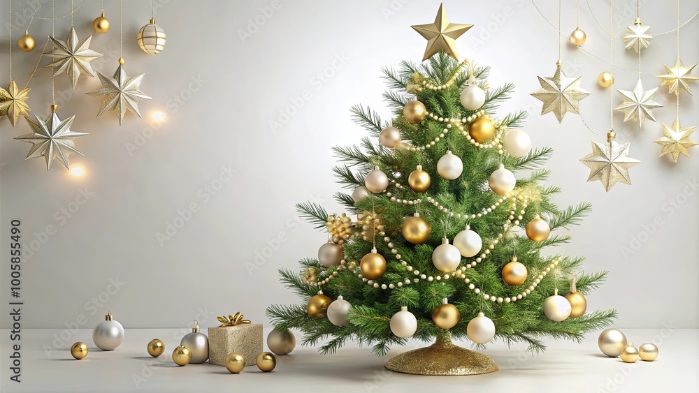 Festive Christmas Tree Decorated with Gold and White Ornaments Festive Christmas Tree Decorated with Gold and White Ornaments