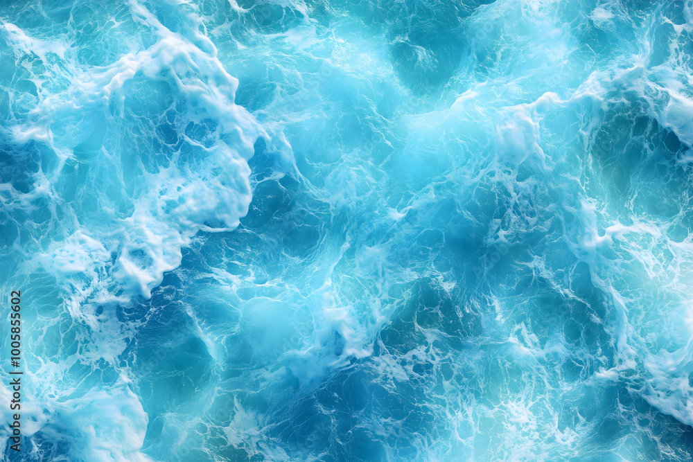 Fototapeta premium Pure blue turquoise water texture of the ocean sea with foam from and waves, Sea ocean water color background