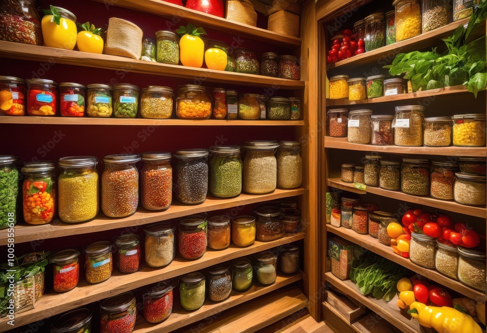custom made wallpaper toronto digitalcolorful food pantry shelves overflowing diverse staples including canned fresh produce, grains, goods, snacks, vegetables, fruits, jars, containers