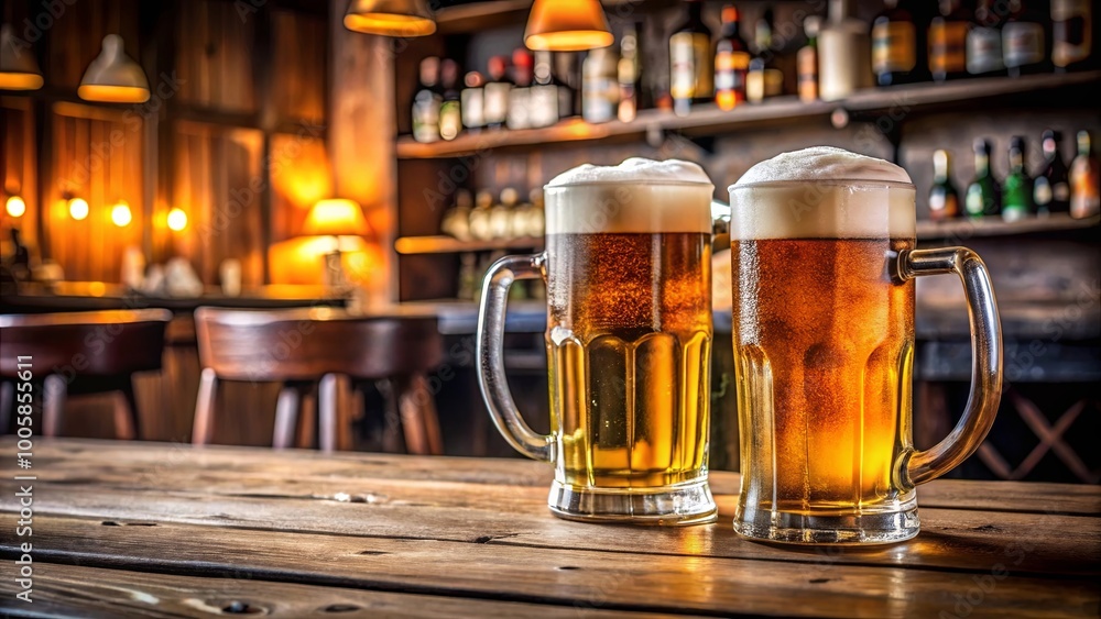 Two Frothy Glasses of Refreshing Beer on a Wooden Table in a Cozy Pub Setting Two Frothy Glasses of Refreshing Beer on a Wooden Table in a Cozy Pub Setting