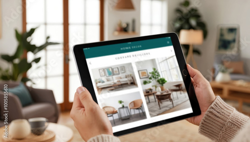 holding a tablet with both hands, displaying an interior design application