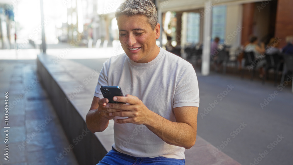 Young man sitting on an urban street, smiling while using his smartphone outdoors in a city setting. Young man sitting on an urban street, smiling while using his smartphone outdoors in a city setting.