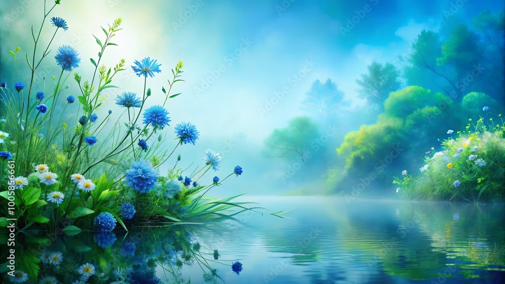 Misty Morning Reflections of Blue Flowers by the Water Misty Morning Reflections of Blue Flowers by the Water