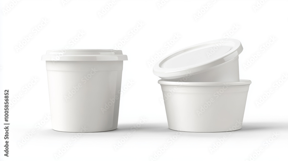 This set includes realistic 3D icons of yogurt cups. The icons show a sour cream container with both an open and closed lid. They are set against a white background. This set includes realistic 3D icons of yogurt cups. The icons show a sour cream container with both an open and closed lid. They are set against a white background.