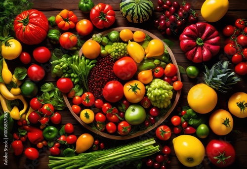 vibrant fresh produce artfully arranged stunning patterns displaying rich colors textures, array, organic, freshness, harvest, aesthetic, diversity