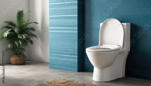 sleek, contemporary bathroom with a white ceramic toilet against a blue textured wall