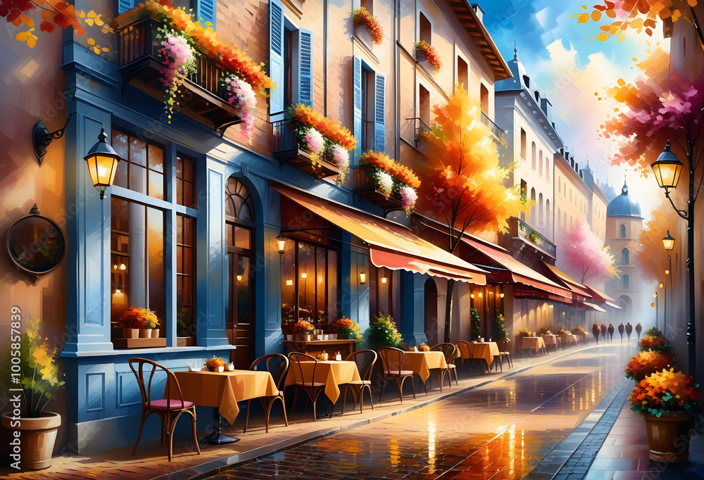 Fototapeta premium Autumn cityscape, small cafes line the street, trees with bright leaves, street lamps shine with warm light.
