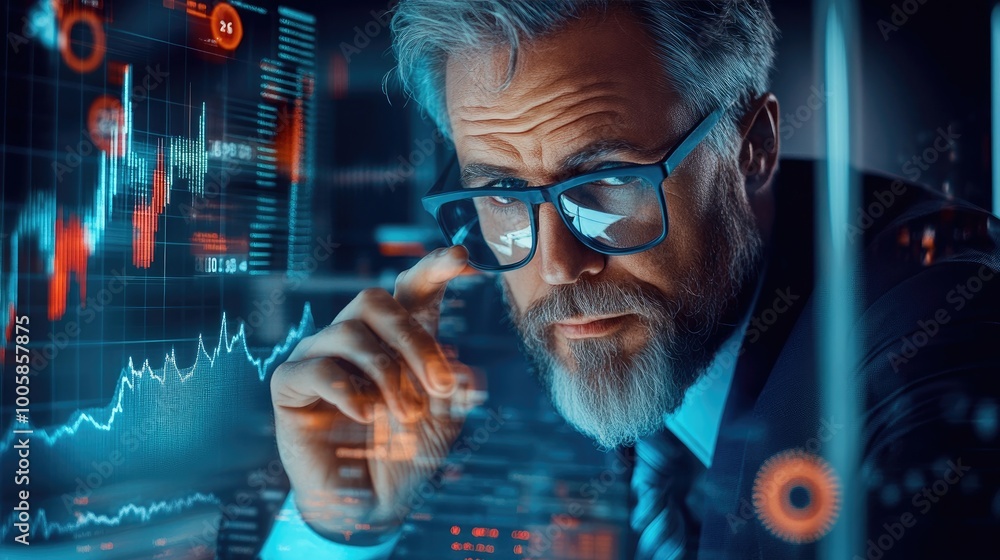 A focused businessman analyzing data trends on a digital display, showcasing concentration and expertise in finance. A focused businessman analyzing data trends on a digital display, showcasing concentration and expertise in finance.