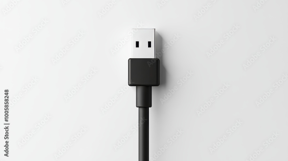 A black and white USB cable, drawn in a realistic 3D style. The image is on a plain white background. A black and white USB cable, drawn in a realistic 3D style. The image is on a plain white background.