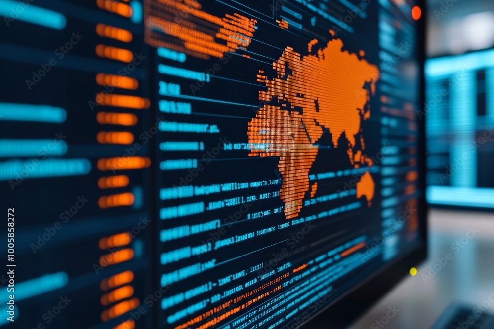 Fototapeta premium World map displayed in orange on a digital interface with code in the background, representing global technology.
