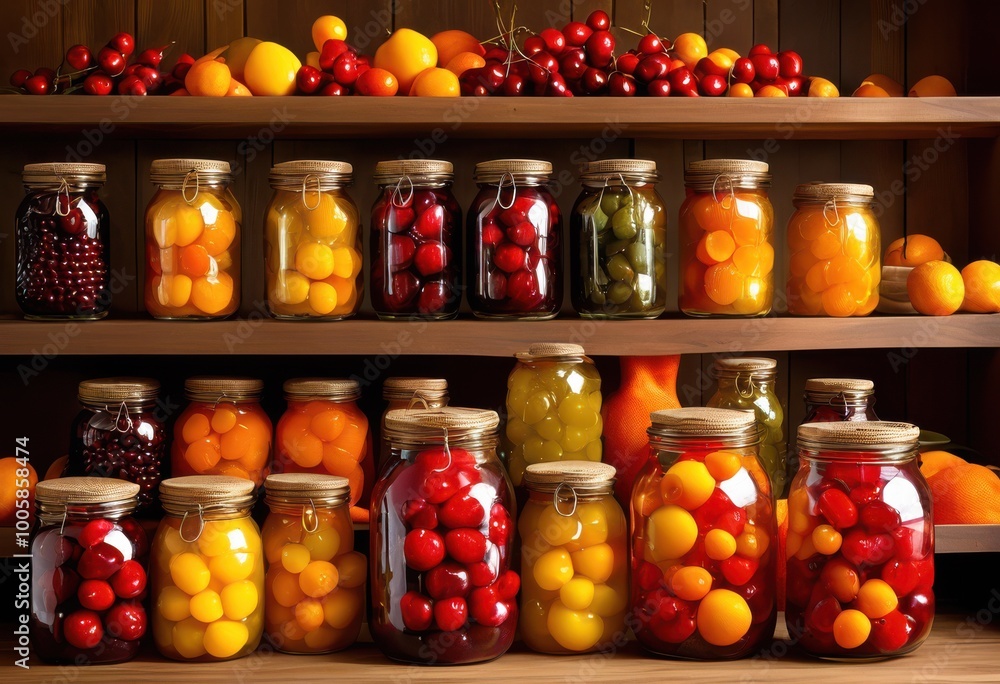 vibrant textured close colorful preserved fruit jars displaying medley natural colors rich details glass containers, artisanal, background, composition vibrant textured close colorful preserved fruit jars displaying medley natural colors rich details glass containers, artisanal, background, composition