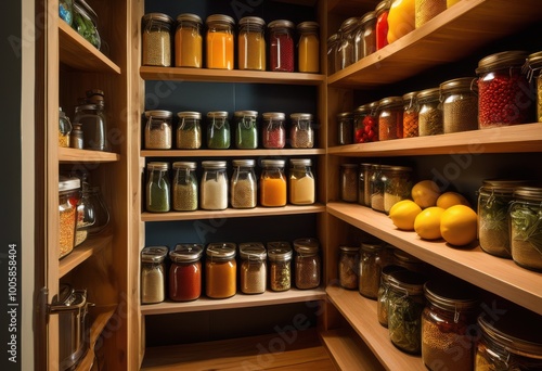 Wallpaper Mural vibrant pantry shelves filled colorful essential supplies organized display fresh containers, accessible, arrangement, aesthetic, bottles, creativity Torontodigital.ca