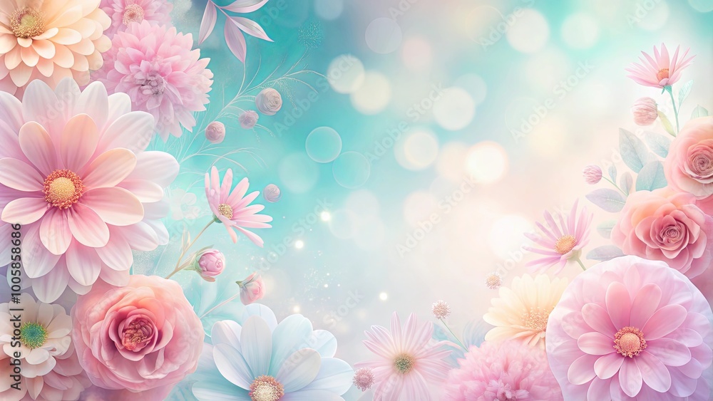Pastel Blooms and Delicate Lights on a Soft Blue Background Pastel Blooms and Delicate Lights on a Soft Blue Background