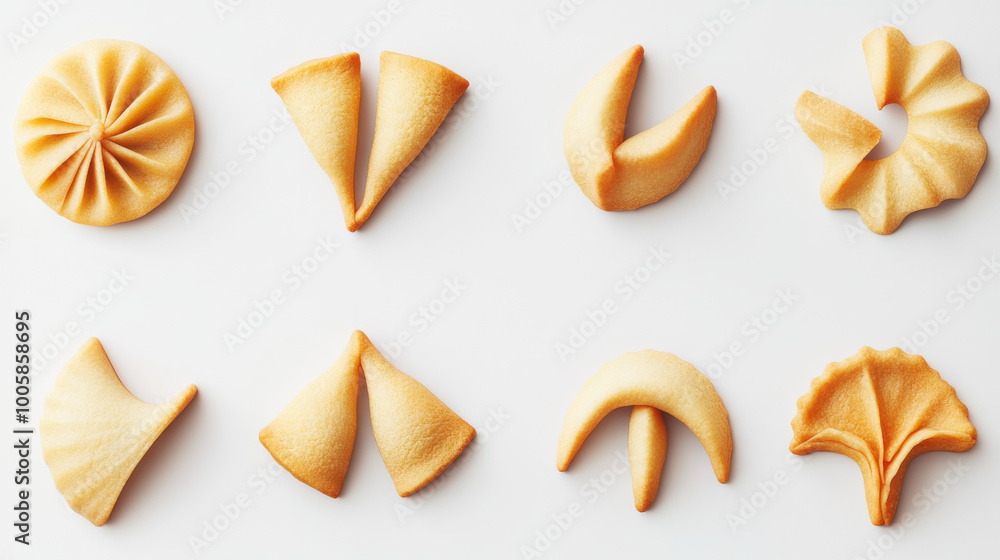 A collection of fortune cookies in various shapes, shown against a plain white backdrop. This is a simple graphic design. A collection of fortune cookies in various shapes, shown against a plain white backdrop. This is a simple graphic design.
